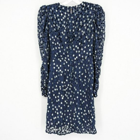 Kate Spade Scatter Dot Dress 6 Navy Silver Faux Wrap Ruffle Velvet Long Sleeve - Picture 11 of 14